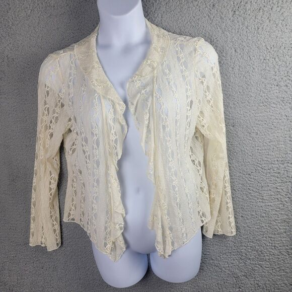 J Jill Ivory Stretch Lace Open Cardigan Large Romantic Fairycore Boho Sheer Y2K - Picture 11 of 12